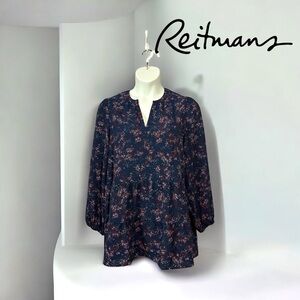 NWOT, Reitmans, Elegant Floral Long-Sleeve Tunic, XL, Navy, Purple, White